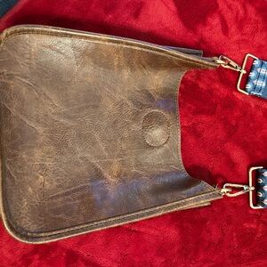 Ahdorned Brown Leather Shoulder Bag with Patterned Strap